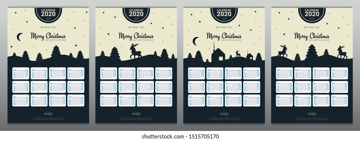 Set of Calendars 2020 with winter Christmas landscape on the background