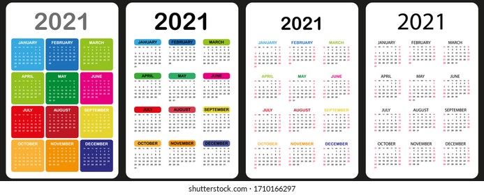 Set of Calendars 2021 yearly. Week starts on Sunday. Vector illustration.