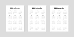 Set Of Calendars 2022, 2023, 2024. Blank Printable Vertical One-page Calendar Templates. Vector Illustration 10 EPS.