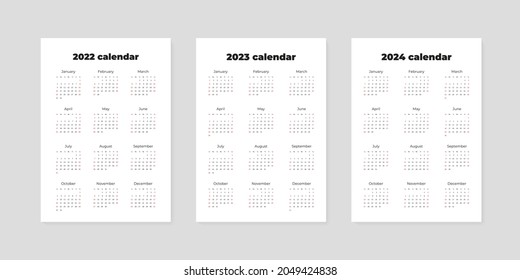 Set of calendars 2022, 2023, 2024. Blank printable vertical one-page calendar templates. Vector illustration 10 EPS.