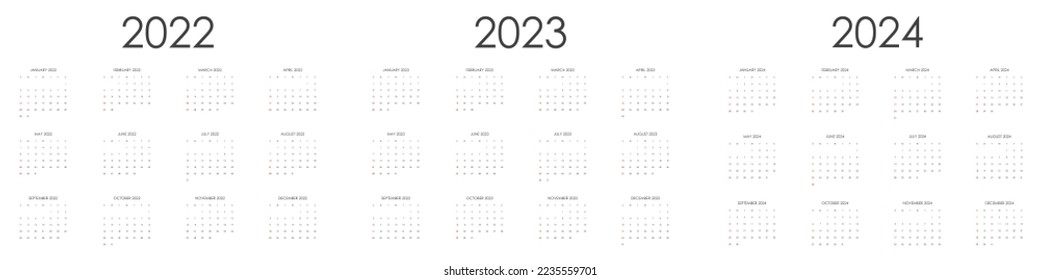 Conjunto de calendarios 2022, 2023, 2024. Plantillas de calendario de una página verticales imprimibles en blanco. Ilustración del vector 10 EPS.