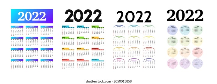 Set of calendars for 2022 isolated on a white background. Sunday to Monday, business template. Vector illustration