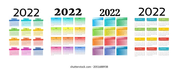Set of calendars for 2022 isolated on a white background. Sunday to Monday, business template. Vector illustration
