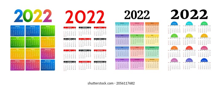 Conjunto de calendarios para 2022 aislados en un fondo blanco. De domingo a lunes, plantilla de negocios. Ilustración del vector