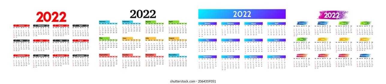 Set of calendars for 2022 isolated on a white background. Sunday to Monday, business template. Vector illustration
