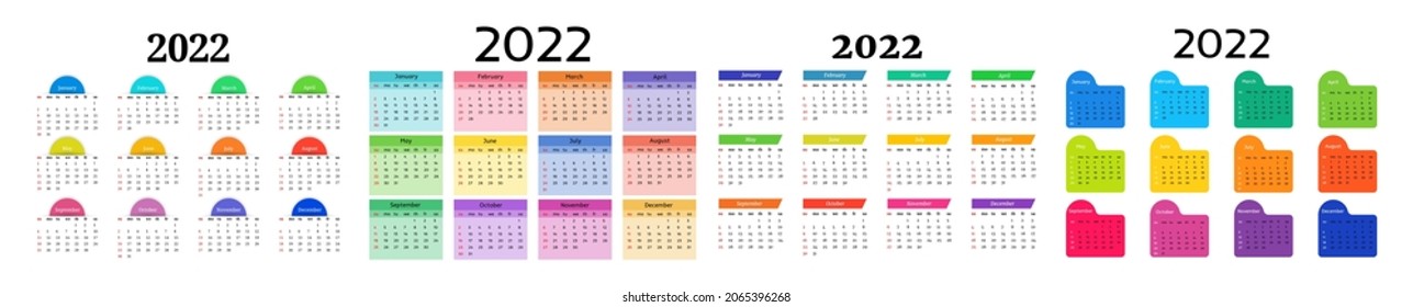 Set of calendars for 2022 isolated on a white background. Sunday to Monday, business template. Vector illustration