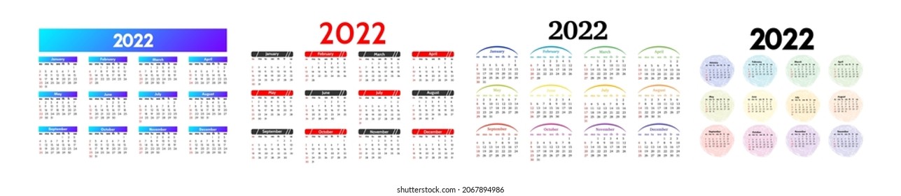 Set of calendars for 2022 isolated on a white background. Sunday to Monday, business template. Vector illustration