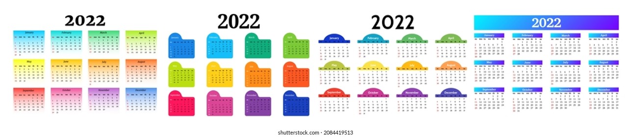 Set of calendars for 2022 isolated on a white background. Sunday to Monday, business template. Vector illustration