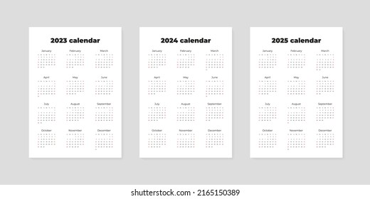 Set of calendars 2023, 2024, 2025. Blank printable vertical one-page calendar templates. Vector illustration 10 EPS.