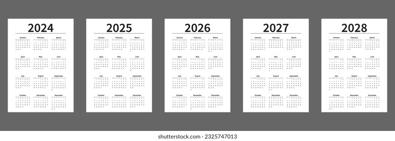 A set of calendars 2024, 2025, 2026, 2027, 2028. Blank templates of vertical single-page calendars for printing. The week starts on Monday. Vector illustration. svg