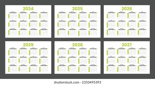 Set of calendars for 2024, 2025, 2026, 2027, 2028 and 2029. Minimalist style calendar. Week starts from Sunday svg