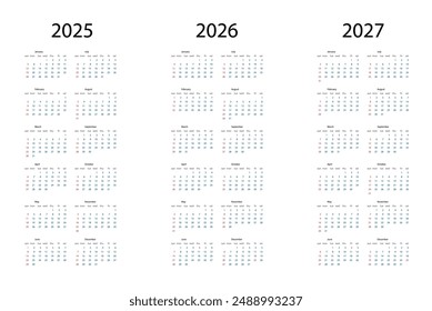 Set of Calendars 2025, 2026, 2027 years, simple design template, vertical format, week starts on Sunday, vector illustration