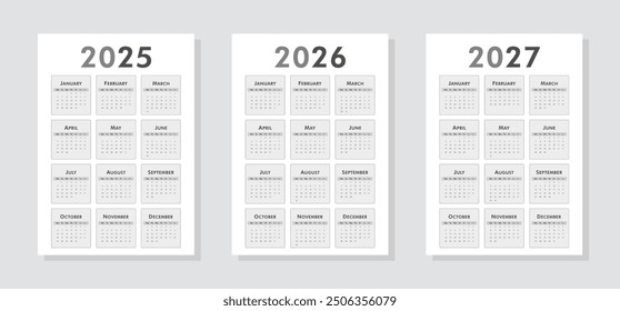 Set of calendars 2025, 2026, 2027 years. Black and white vertical classic A4 calendar templates. Week starts Monday. Yearly planner layout with 12 month. Vector illustration