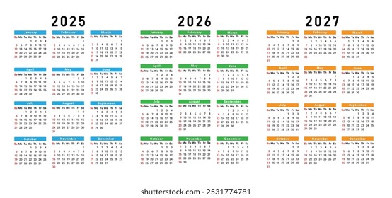 Conjunto de calendários para 2025, 2026 e 2027 com designs de folhas de 12 meses. A semana começa no domingo. Design de calendário de mesa. Ilustração vetorial.