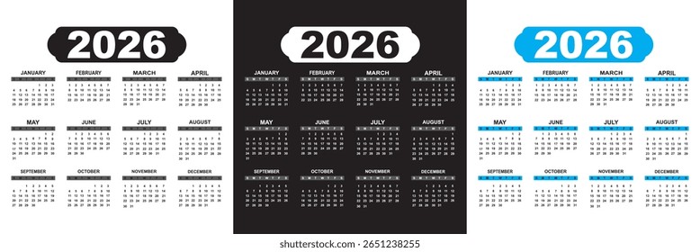 Set of calendars 2026  years.  Week starts on Sunday. Calendar Set for 2026 . Yearly planner layout with 12 month. Vector illustration