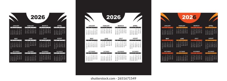 Set of calendars 2026  years.  Week starts on Sunday. Calendar Set for 2026 . Yearly planner layout with 12 month. Vector illustration