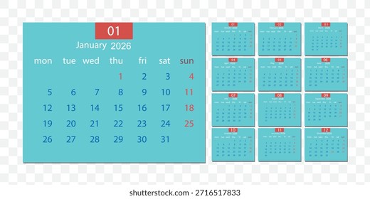 Kalendersatz 2026 Jahre. Die Woche beginnt am Sonntag. Kalender für 2026 festgelegt. Jahresplaner-Layout mit 12 Monaten. Vektorgrafik