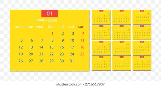 Kalendersatz 2026 Jahre. Die Woche beginnt am Sonntag. Kalender für 2026 festgelegt. Jahresplaner-Layout mit 12 Monaten. Vektorgrafik