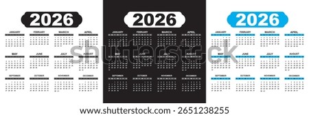 Set of calendars 2026  years.  Week starts on Sunday. Calendar Set for 2026 . Yearly planner layout with 12 month. Vector illustration