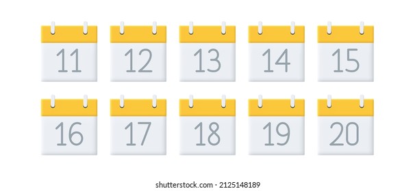 Set of calendars. A set of clay, soft plastic calendars from 11 to 20 days of the month. Vector clipart isolated on white background.