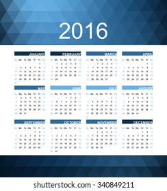 set of calendars for every month in 2016. vector illustration