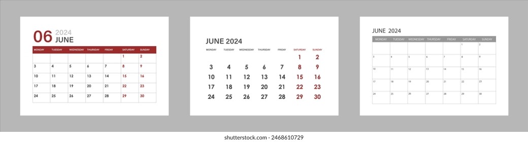 Set of calendars for June 2024. The week starts on Monday