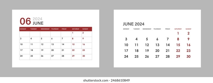 Set of calendars for June 2024. The week starts on Monday
