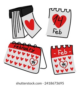 A set of calendars marked February 14th is a flat doodle. Calendar icons for Valentine's Day. A set of love-themed romantic date day. A romantic date. The theme of love is universal black, red colors