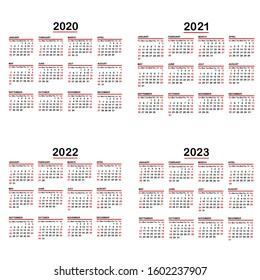 Set of calendars on white background,  years 2020, 2021, 2022, 2023 