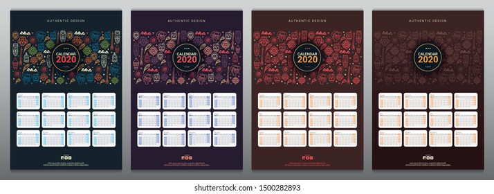 Set of Calendars template for 2020 year with African motive. Doodle elements