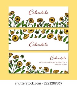 Set of calendula horizontal backgrounds with hand drawn elements. Vector illustration in colored sketch style. Vintage packaging design