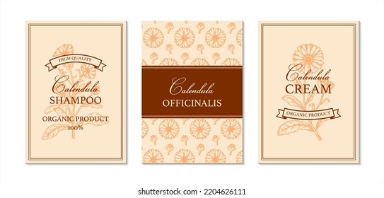 Set of calendula packaging design with hand drawn elements. Vector illustration in sketch style