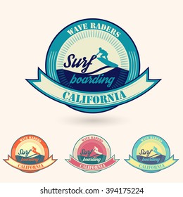 Set Of California Beach Summer Surfing vintage poster with waves retro logo aged emblem with Surfboard, T-shirt print template, label, flyer design.  