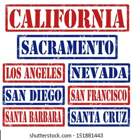 Set of California cities stamps on white background, vector illustration