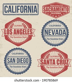 Set of California cities stamps on vintage background, vector illustration