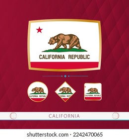 Set of California flags with gold frame for use at sporting events on a burgundy abstract background. Vector collection of flags.