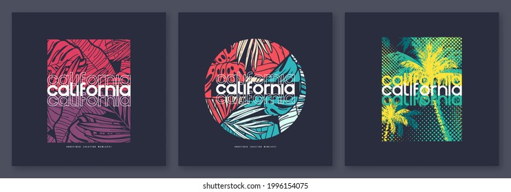 Set of California graphic t-shirt designs, vector illustrations.