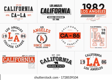 Set of California, Los Angeles prints for t-shirt. Typography graphics for college tee shirt. LA stamp collection for varsity apparel design. Vector.