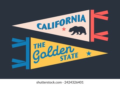 Set of California pennants. Vintage retro graphic flag, pennant, star, sign, symbols of USA. The Golden State.