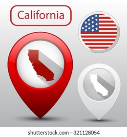 Set of California state with flag of America and map pointer