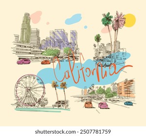 Conjunto de Lugares famosos y edificios de California, Estados Unidos. Dibujado a mano arte de la Ilustración vectorial. 