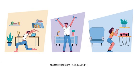 Set of calisthenics and strength exercises that you can do at home. Cartoon character flat vector illustration.