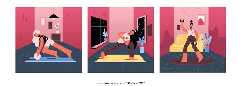 Set of calisthenics and strength exercises that you can do at home. Woman rolls a roller, does yoga exercises and raises dumbbells. Cartoon character flat vector illustration.