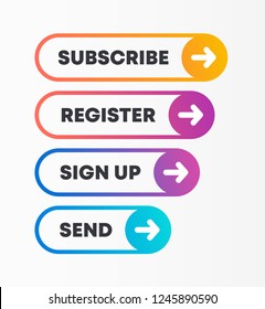 Set of call to action vector buttons. Conversion buttons for website or application in bright rainbow colors. Rounded circular shape with a white arrow. 