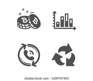 Set of Call center, Diagram graph and Bitcoin icons. Recycle sign. Recall, Presentation chart, Cryptocurrency coin. Recycling waste.  Classic design call center icon. Flat design. Vector