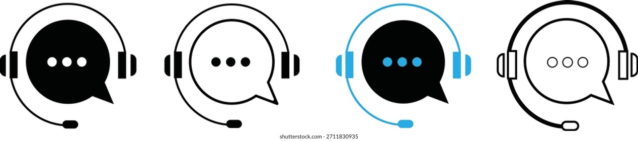 Set von Call-Center-Headsets und Chat-Blasensymbolen. Kundensupport, Helpdesk und Online-Service-Vektorsymbole.
