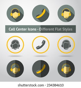 Set of call center icons in different flat styles. Vector