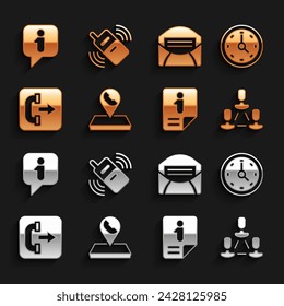 Set Call center location, Clock, Employee hierarchy, Information, Outgoing call phone, Mail and e-mail,  and Mobile icon. Vector
