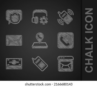Set Call center location, Mobile phone, Mail and e-mail, Telephone handset, Stacks paper money cash,  and Speech bubble chat icon. Vector