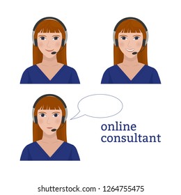 Set of call center operator avatars with diffrent emotions. Woman with a headset. Customer support, online consultant. Client services, phone assistance. Cartoon style vector illustration